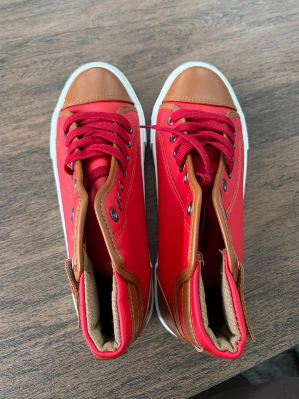 Red High-Top Sneakers with Brown Accents